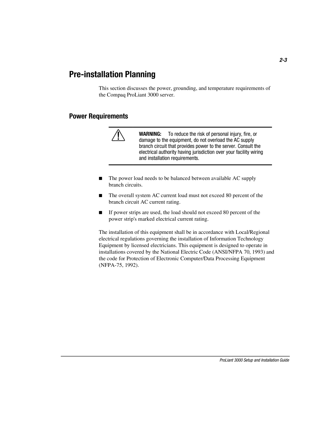 Compaq 3000 manual Pre-installation Planning, Power Requirements 