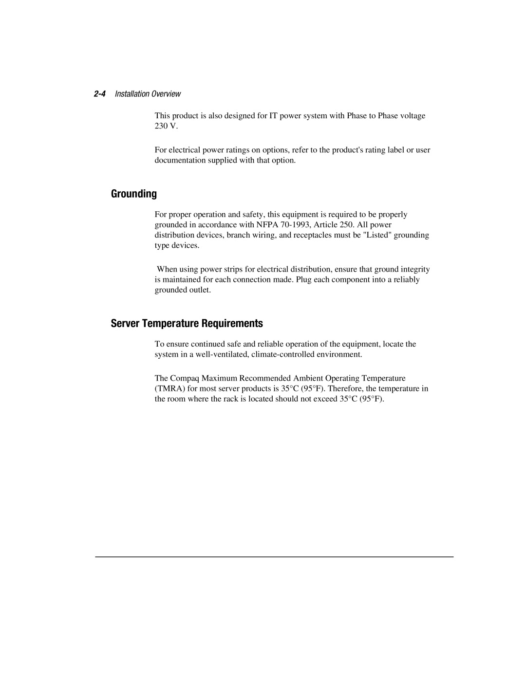 Compaq 3000 manual Grounding, Server Temperature Requirements, 4Installation Overview 