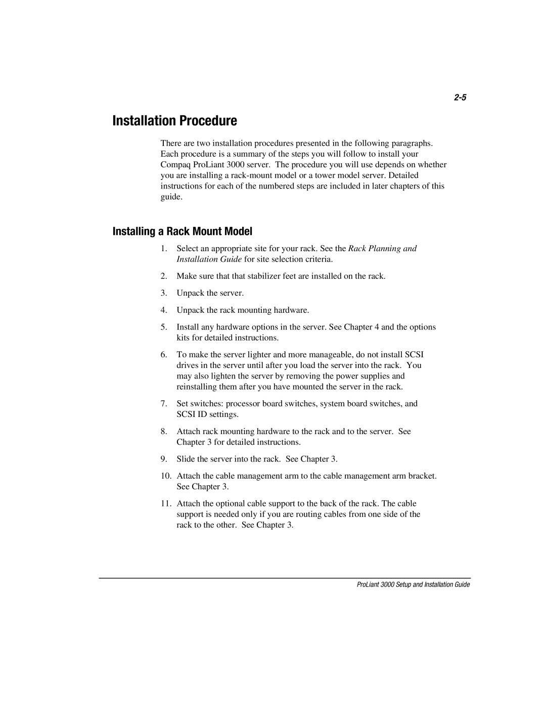 Compaq 3000 manual Installation Procedure, Installing a Rack Mount Model 