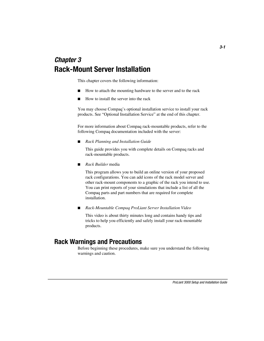 Compaq 3000 manual Rack-Mount Server Installation, Rack Warnings and Precautions 