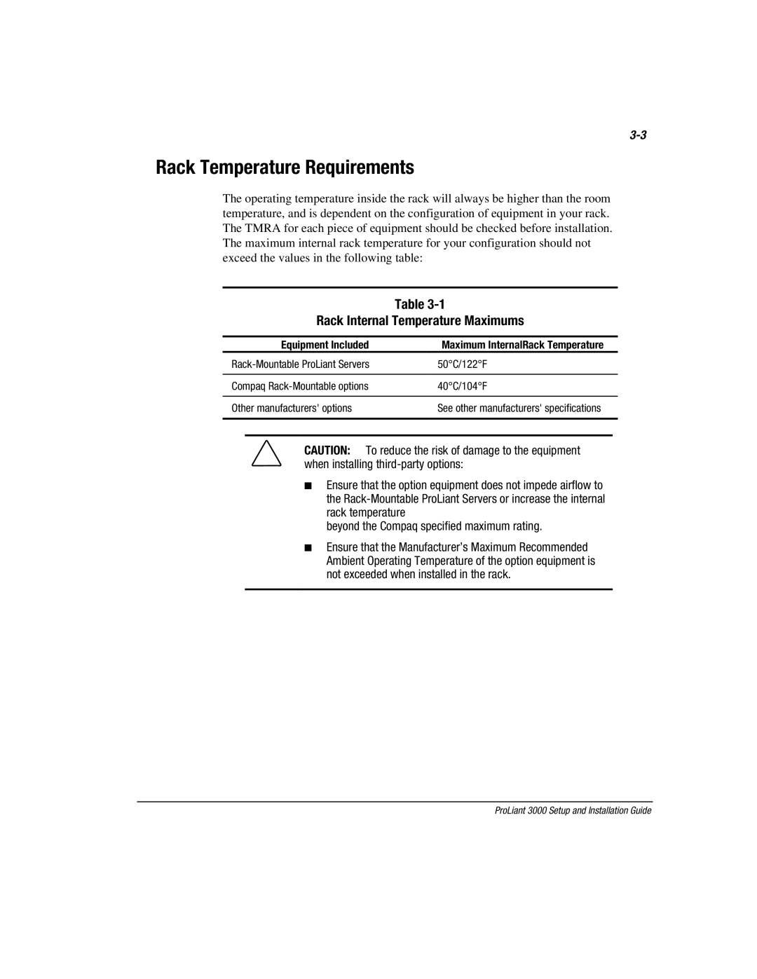 Compaq 3000 manual Rack Temperature Requirements, Rack Internal Temperature Maximums 