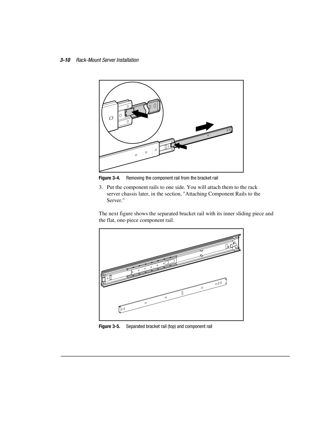 Compaq 3000 manual 10Rack-Mount Server Installation, Removing the component rail from the bracket rail 