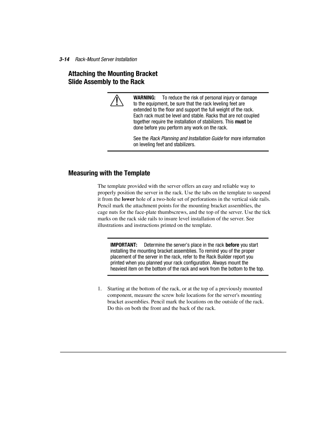 Compaq 3000 manual Attaching the Mounting Bracket Slide Assembly to the Rack, Measuring with the Template 