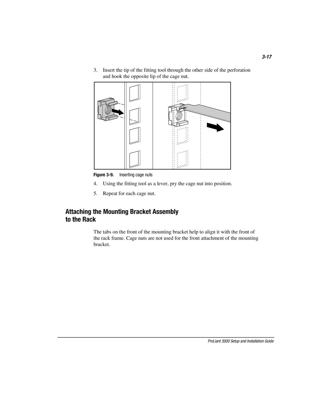 Compaq 3000 manual Attaching the Mounting Bracket Assembly to the Rack, Inserting cage nuts 