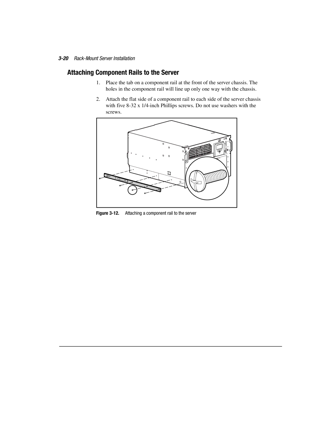 Compaq 3000 manual Attaching Component Rails to the Server, 20Rack-Mount Server Installation 