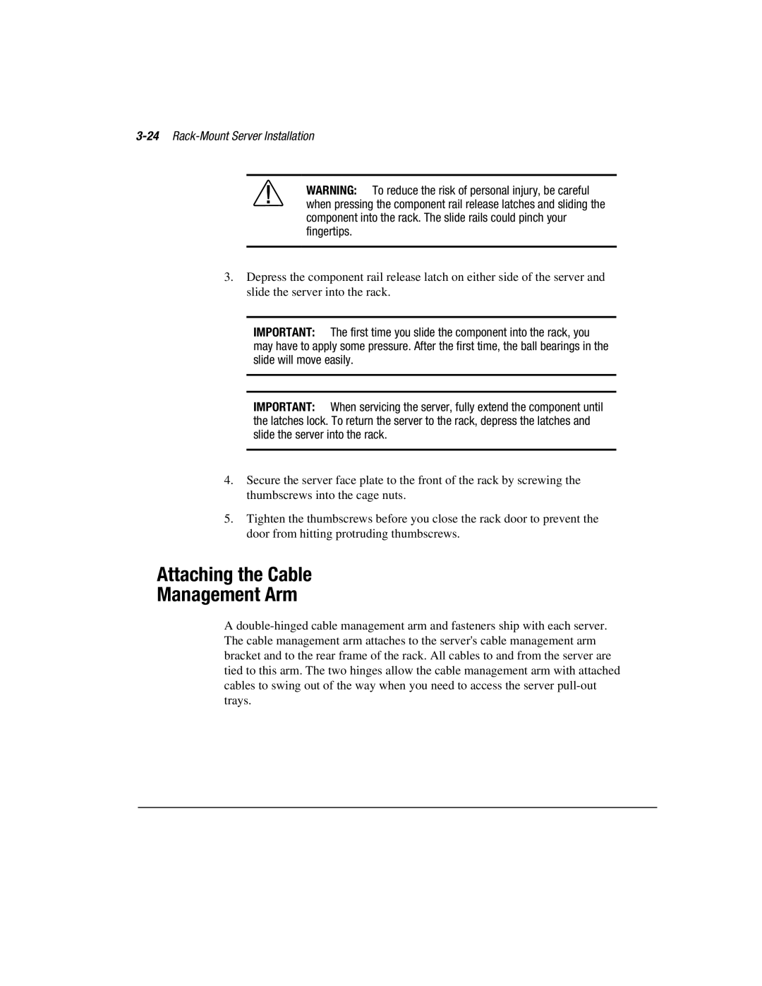 Compaq 3000 manual Attaching the Cable Management Arm, 24Rack-Mount Server Installation 