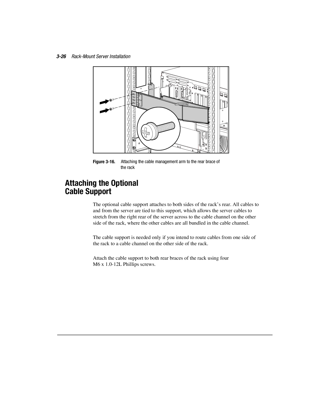 Compaq 3000 manual Attaching the Optional Cable Support, 26Rack-Mount Server Installation 