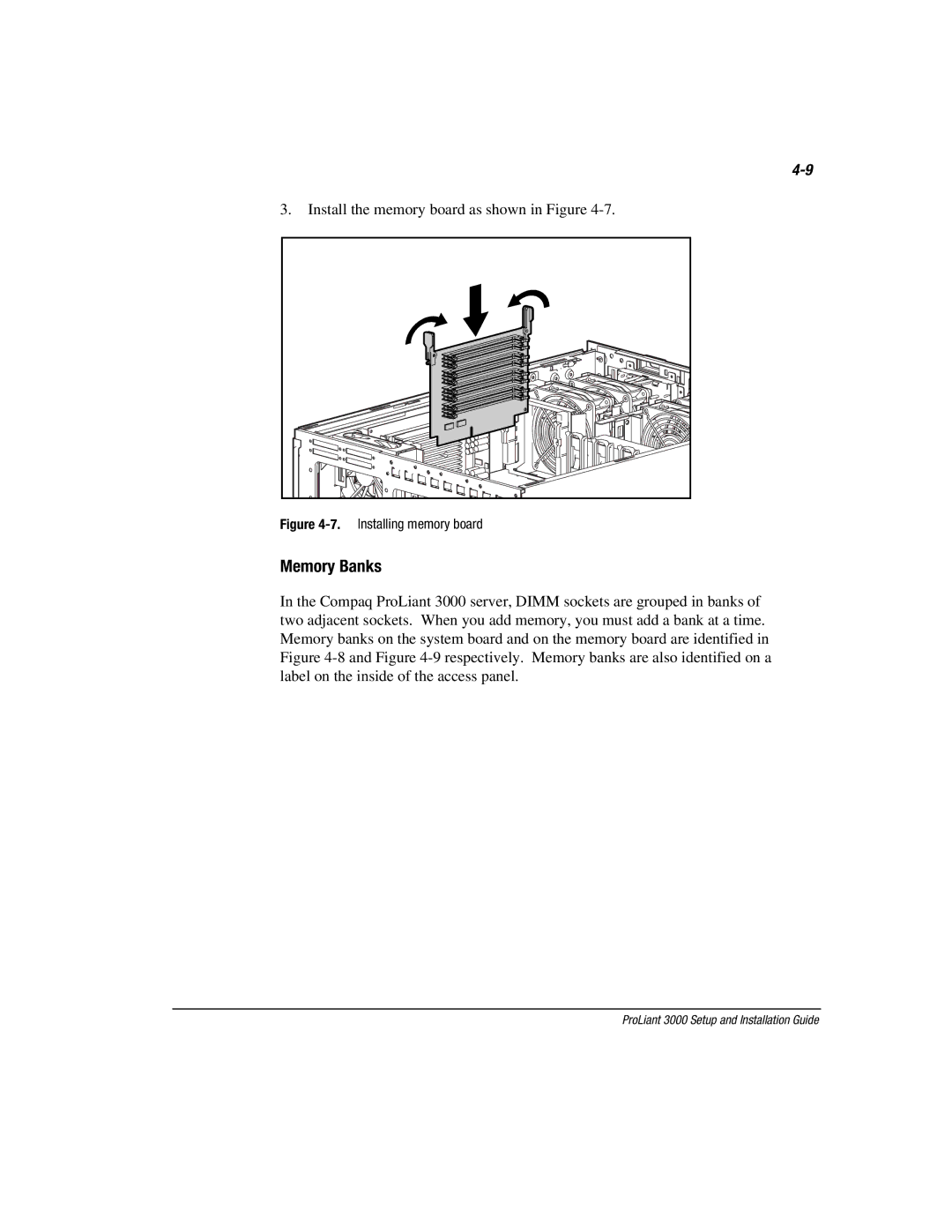 Compaq 3000 manual Memory Banks, Installing memory board 