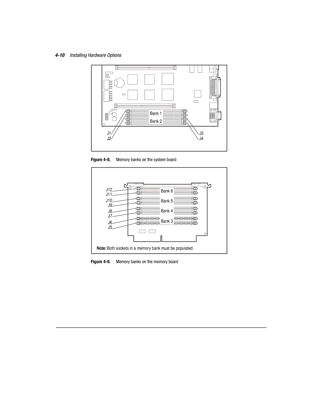 Compaq 3000 manual 10Installing Hardware Options, Memory banks on the system board J12 J11 J10 Bank 