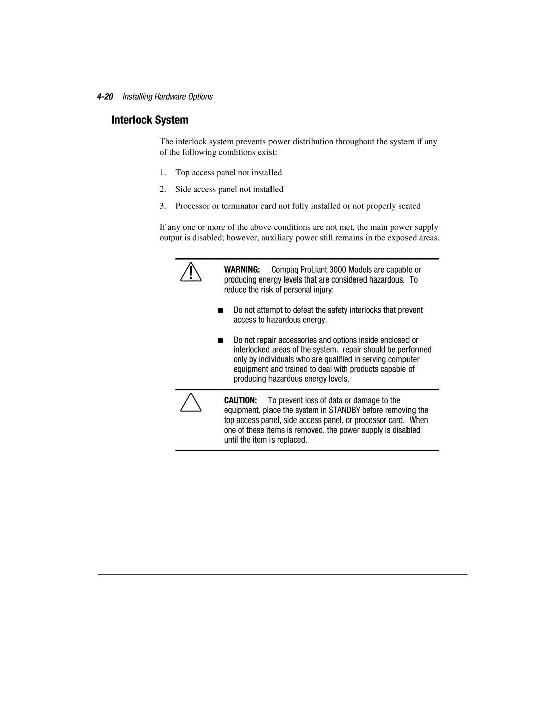 Compaq 3000 manual Interlock System, 20Installing Hardware Options 