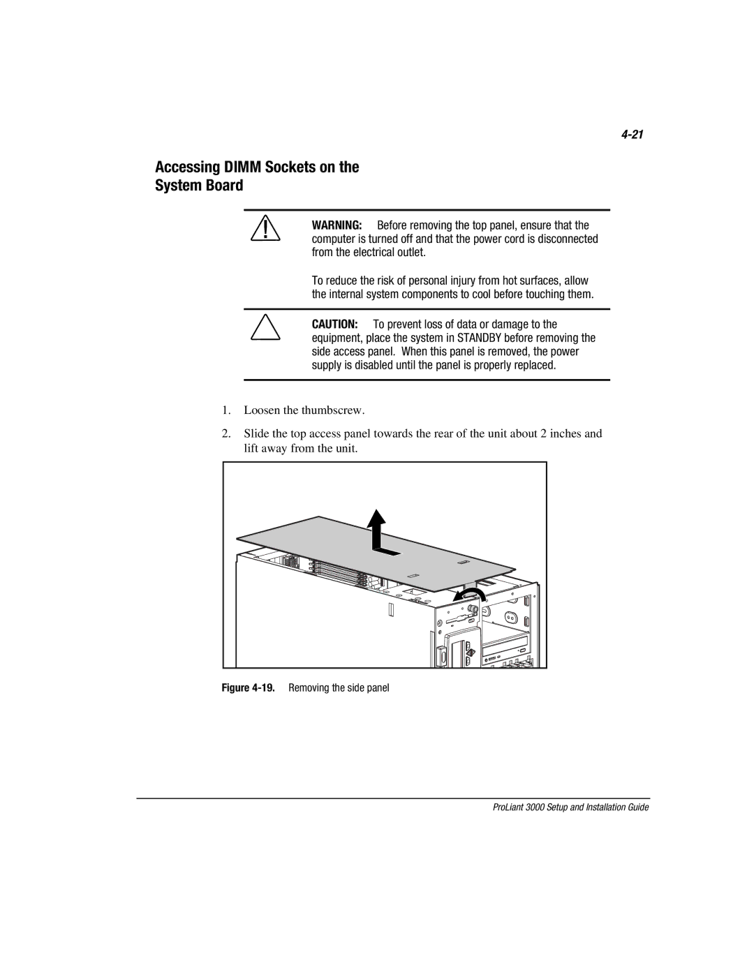 Compaq 3000 manual Accessing Dimm Sockets on System Board, Removing the side panel 