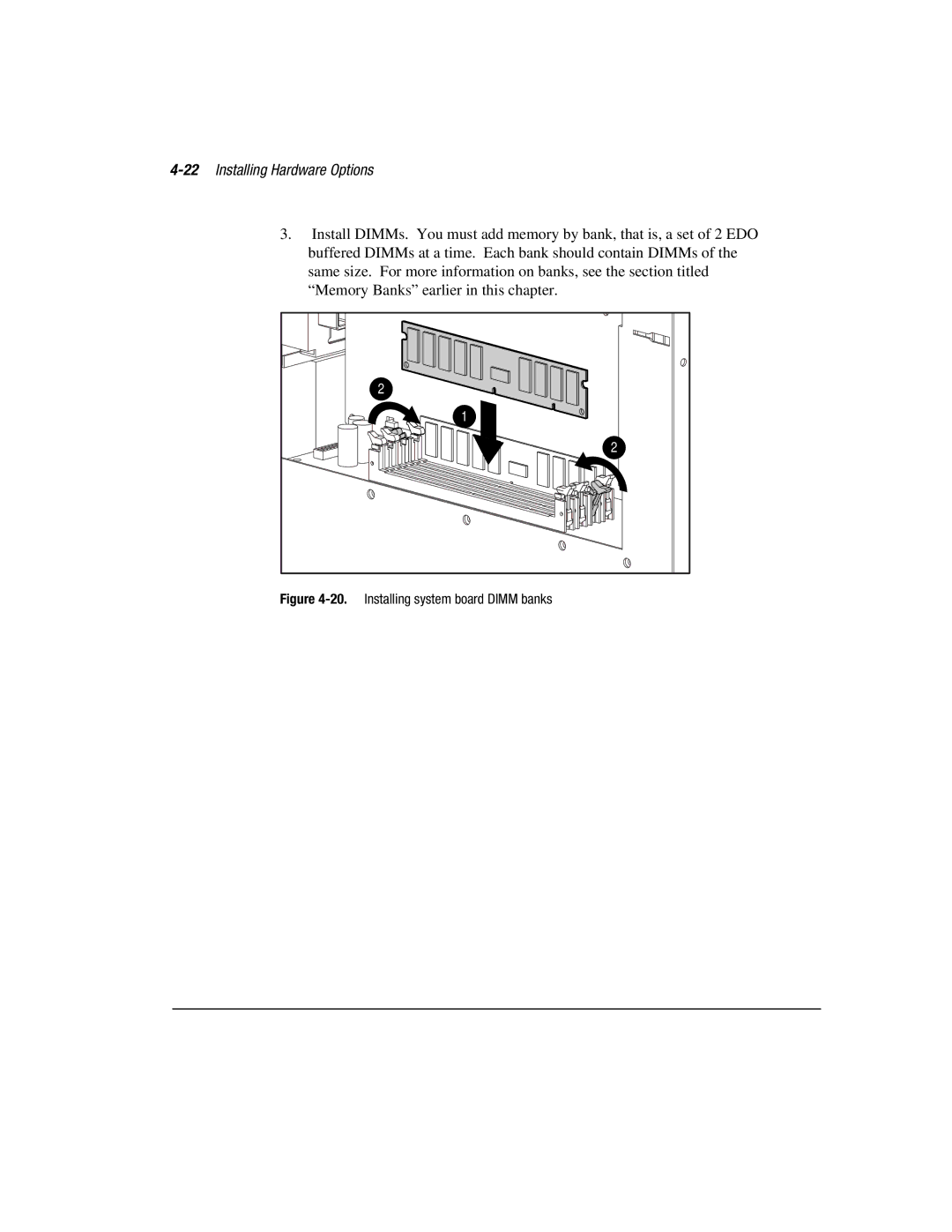 Compaq 3000 manual 22Installing Hardware Options, Installing system board Dimm banks 