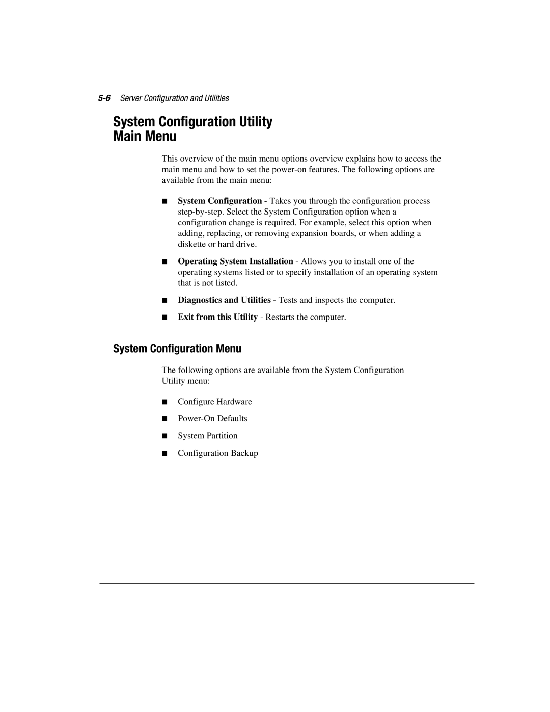 Compaq 3000 manual System Configuration Utility Main Menu, System Configuration Menu, 6Server Configuration and Utilities 