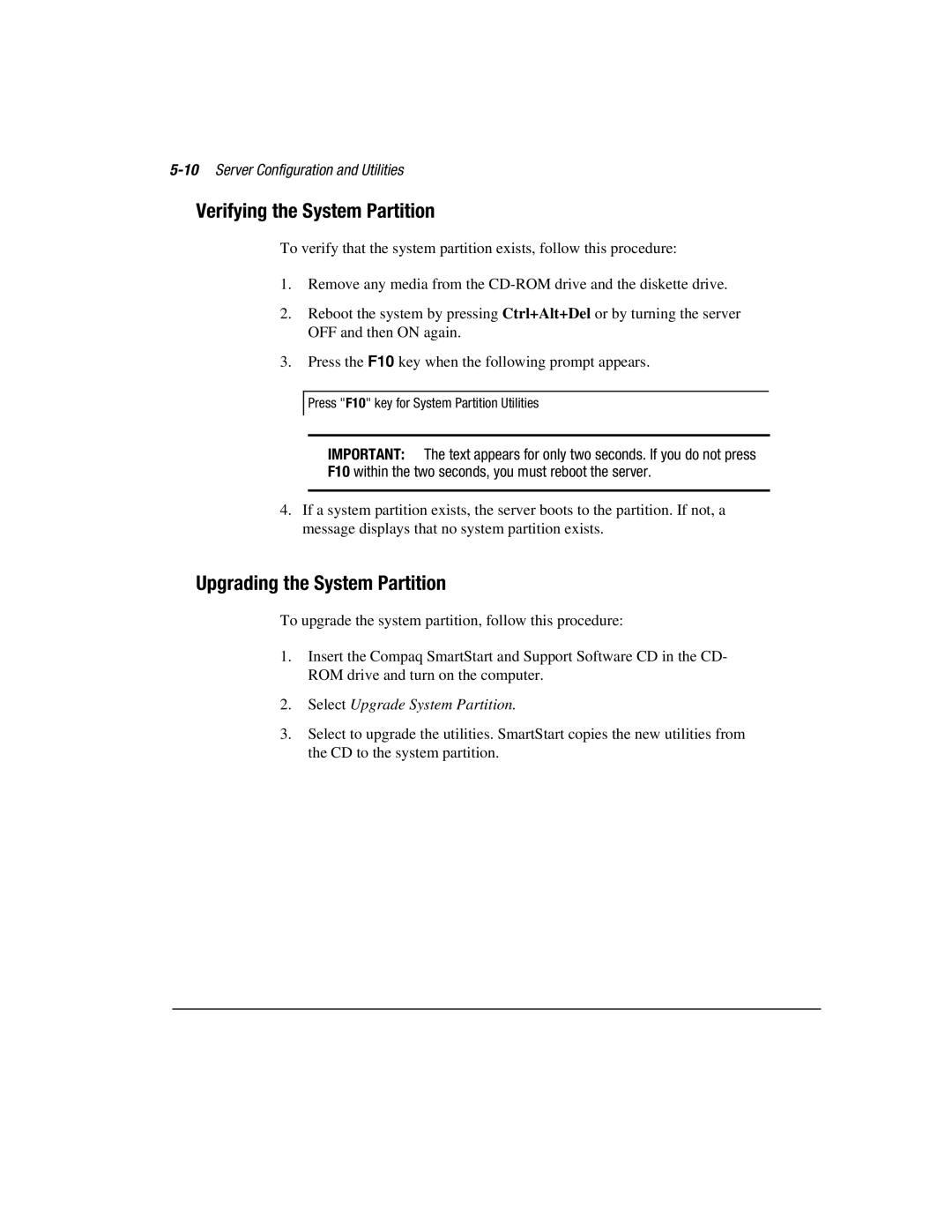 Compaq 3000 manual Verifying the System Partition, Upgrading the System Partition, 10Server Configuration and Utilities 