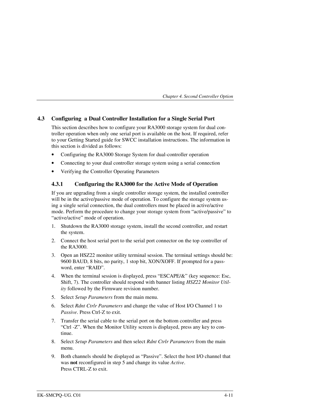 Compaq manual Configuring the RA3000 for the Active Mode of Operation 