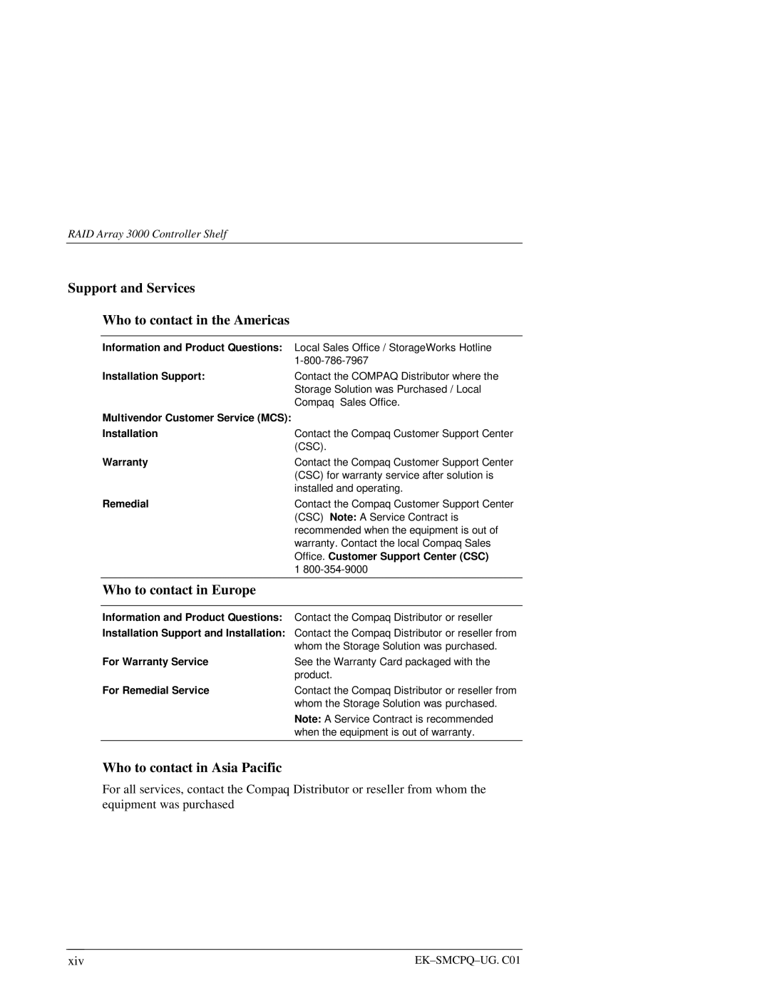 Compaq 3000 Support and Services Who to contact in the Americas, Who to contact in Europe, Who to contact in Asia Pacific 