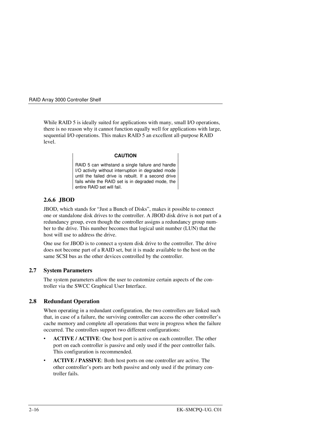 Compaq 3000 manual Jbod, System Parameters, Redundant Operation 