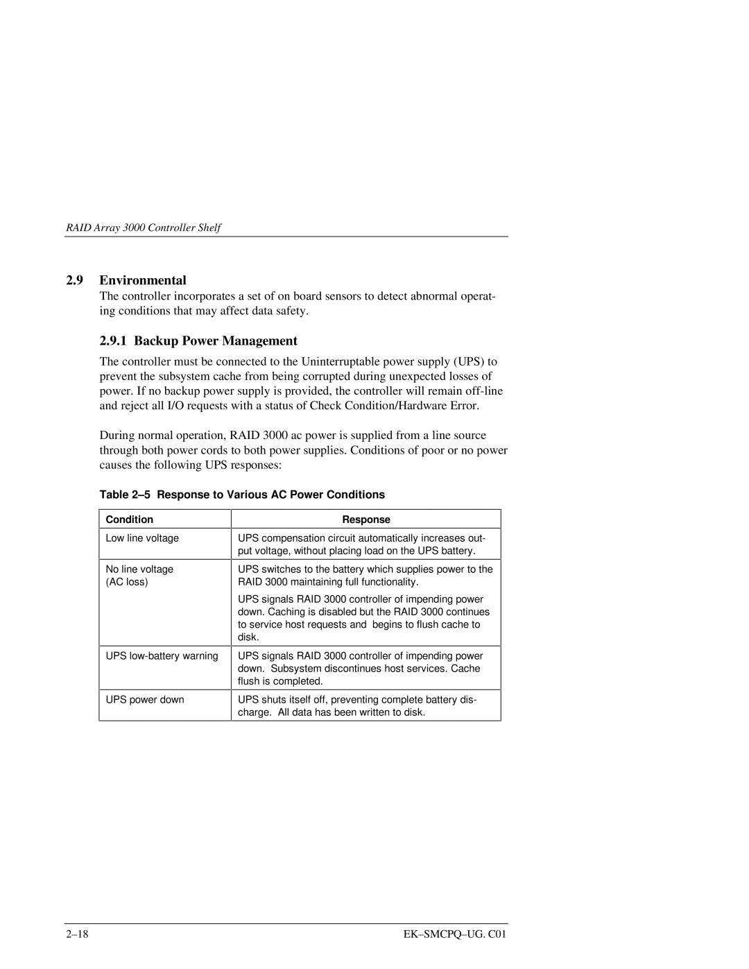 Compaq 3000 manual Environmental, Backup Power Management, Response to Various AC Power Conditions 