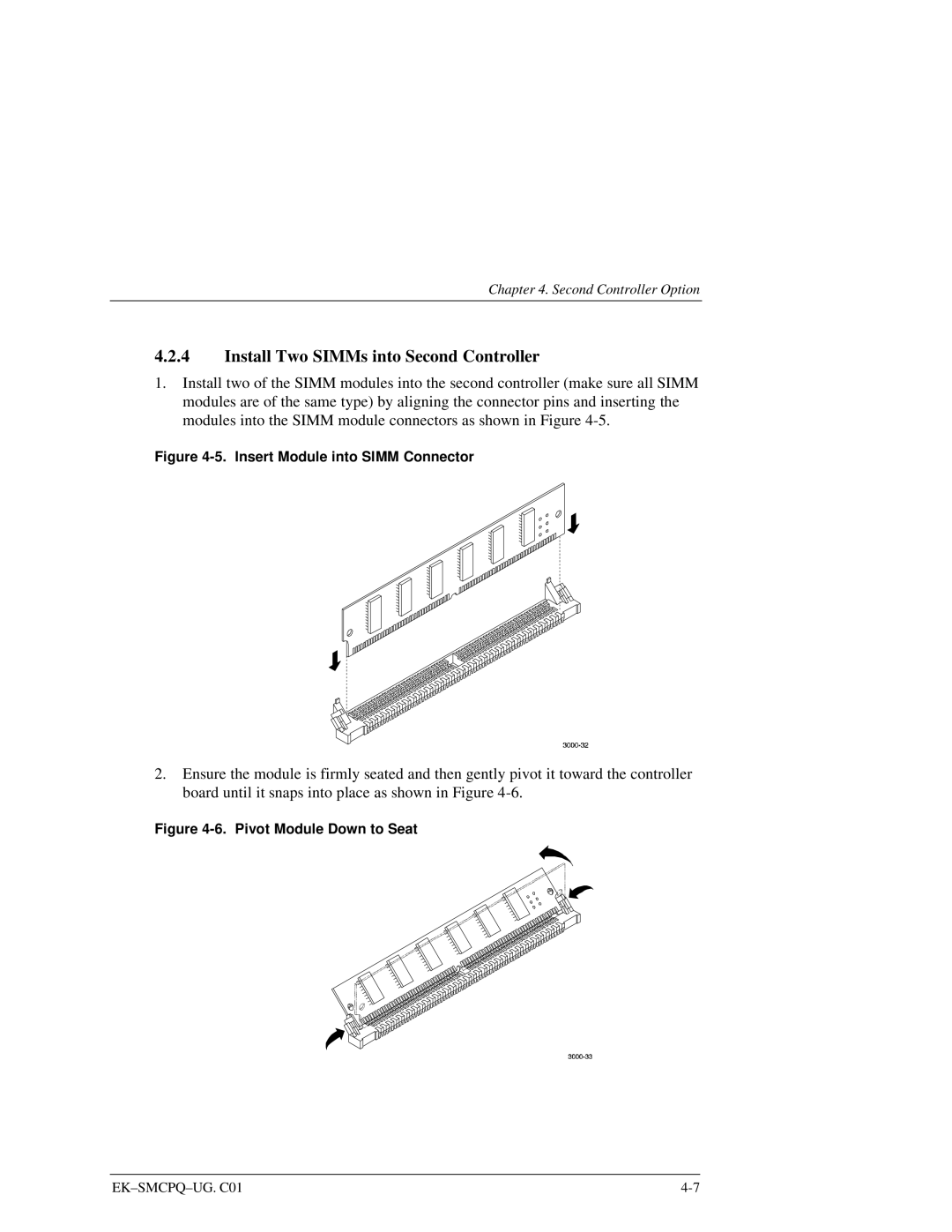 Compaq 3000 manual Install Two SIMMs into Second Controller, Insert Module into Simm Connector 