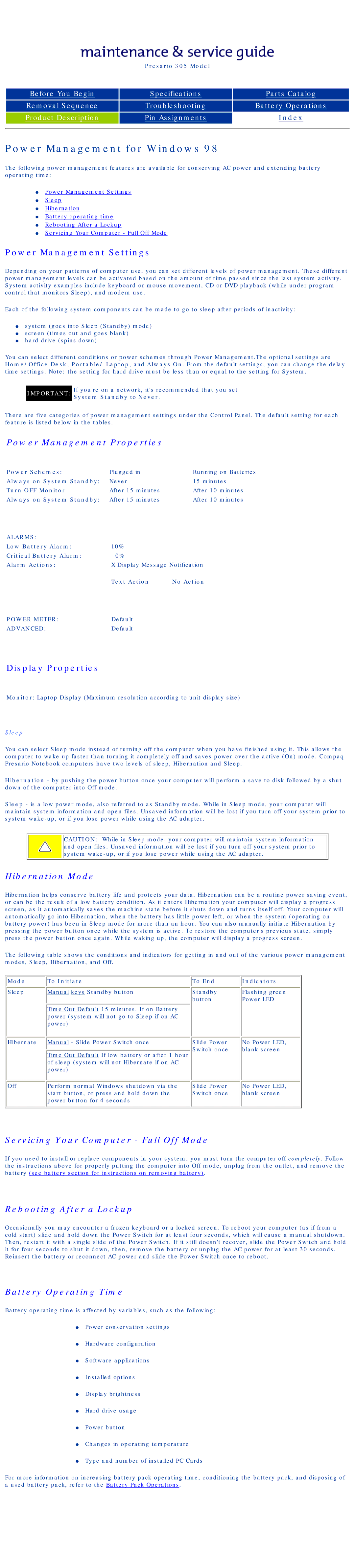 Compaq 305 specifications Power Management for Windows, Power Management Settings 