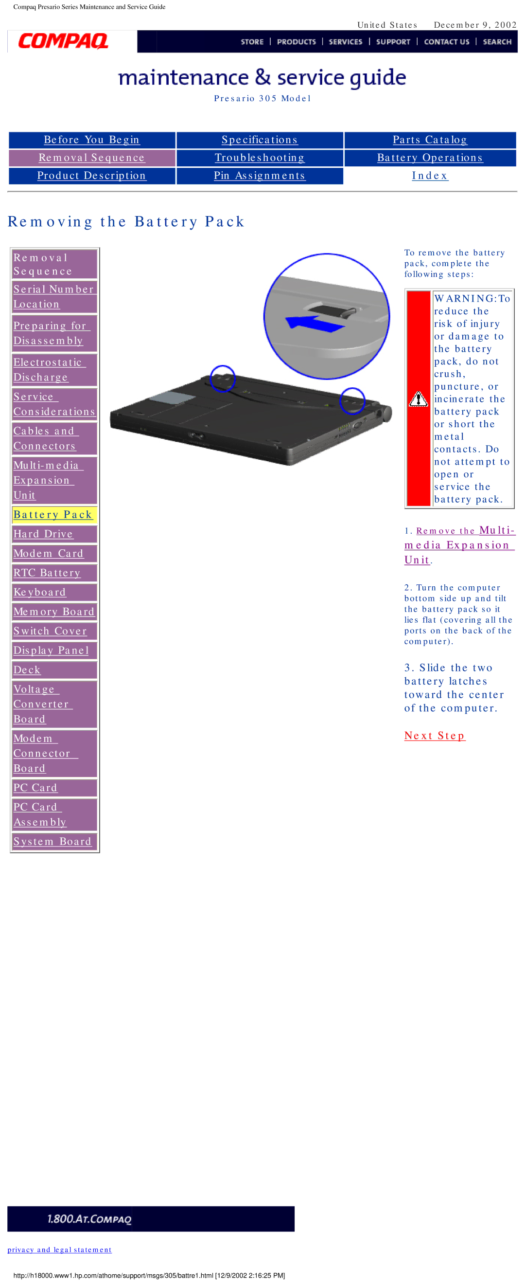 Compaq 305 specifications Removing the Battery Pack 