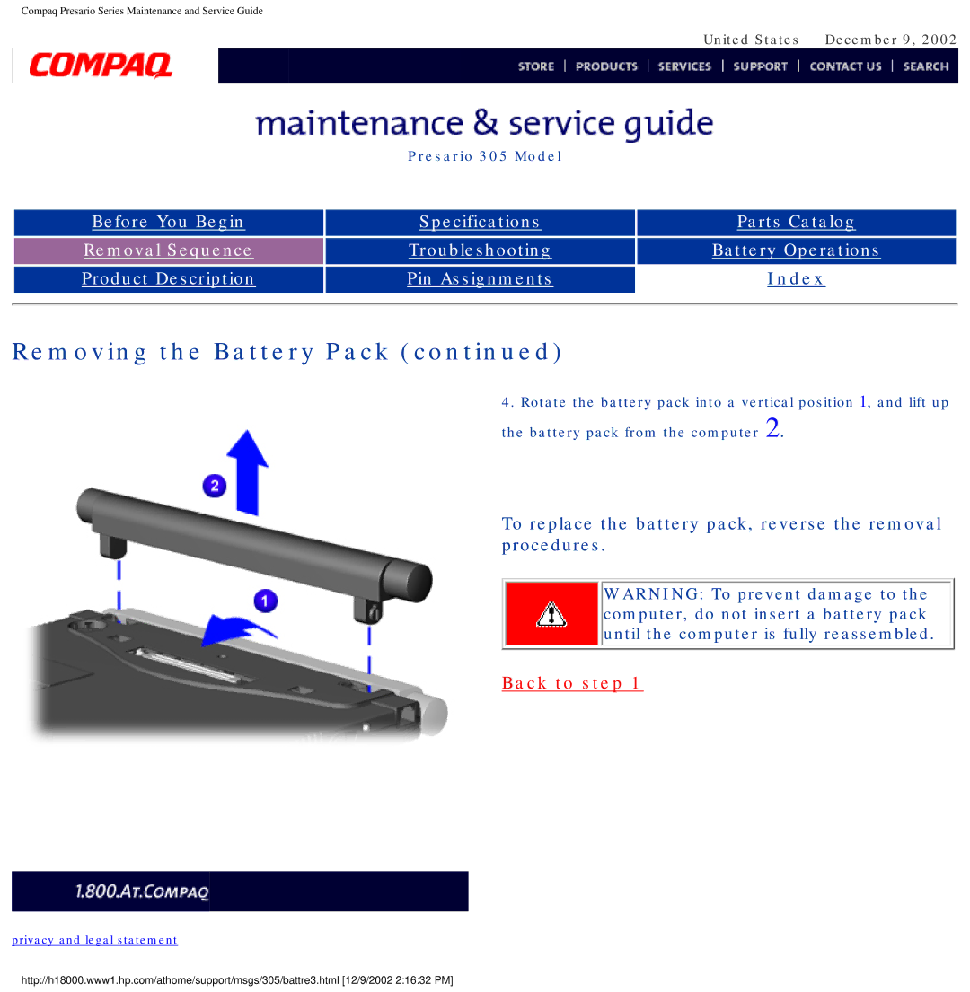 Compaq 305 specifications Back to step 