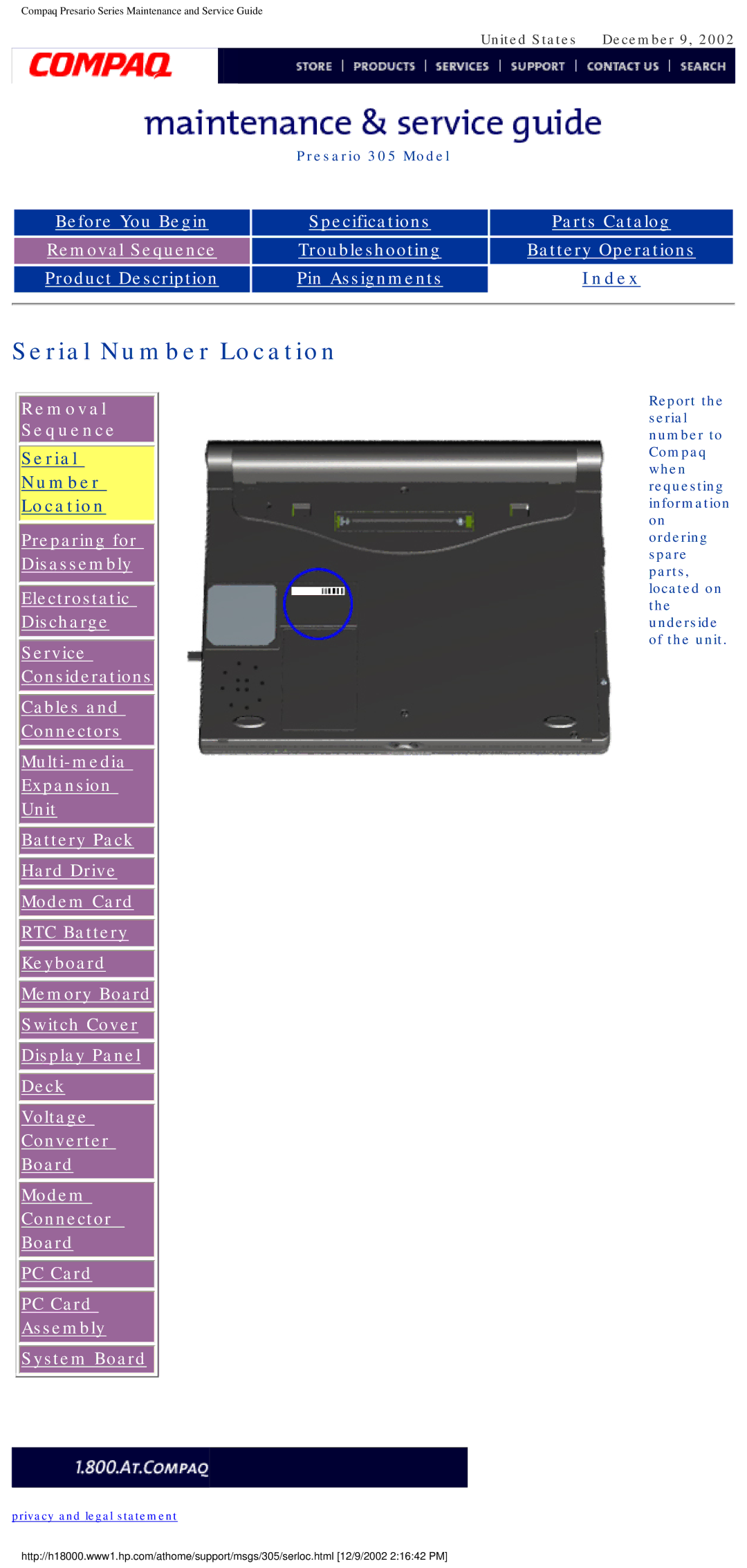 Compaq 305 specifications Serial Number Location 