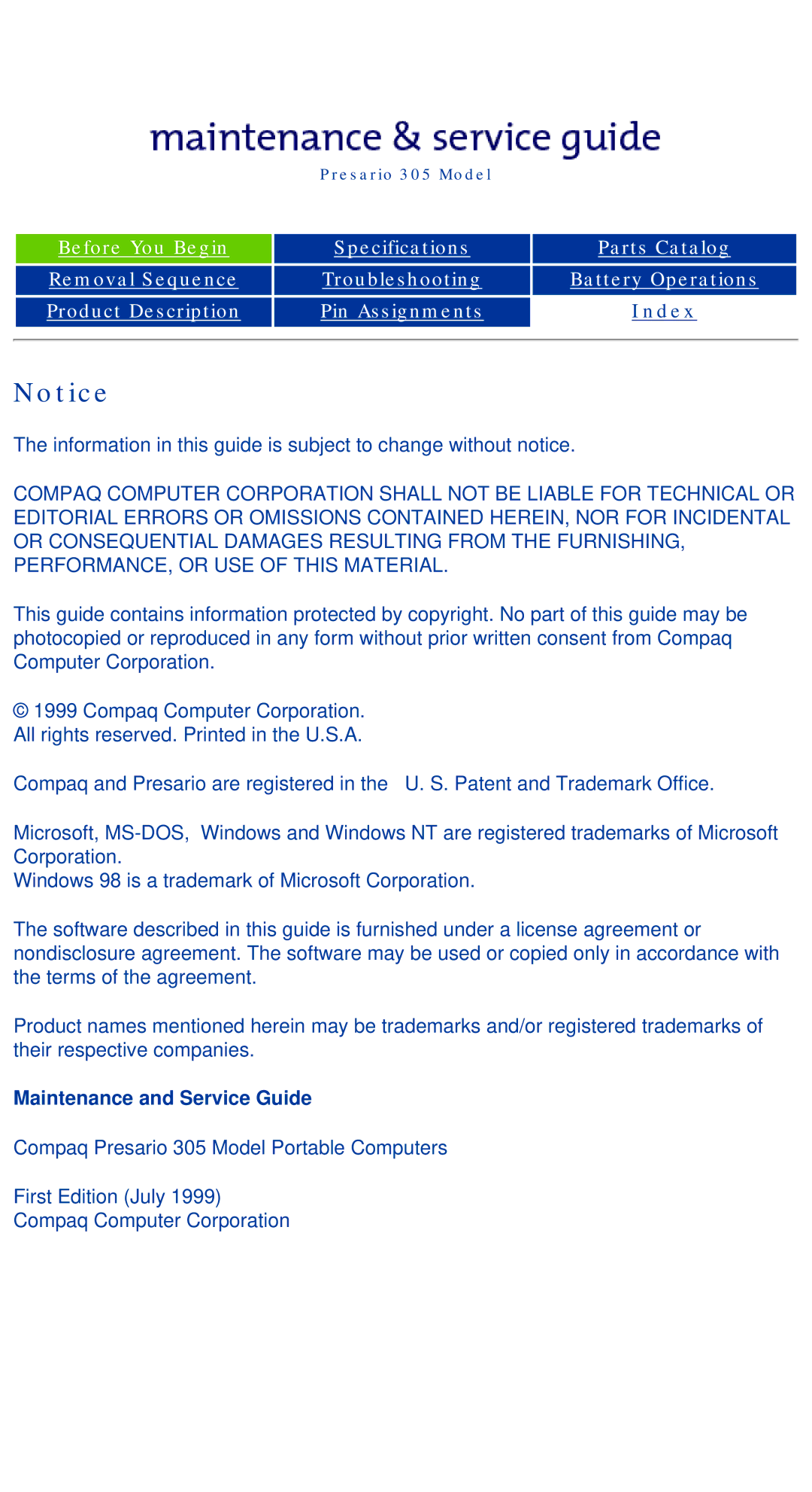 Compaq 305 specifications Maintenance and Service Guide 