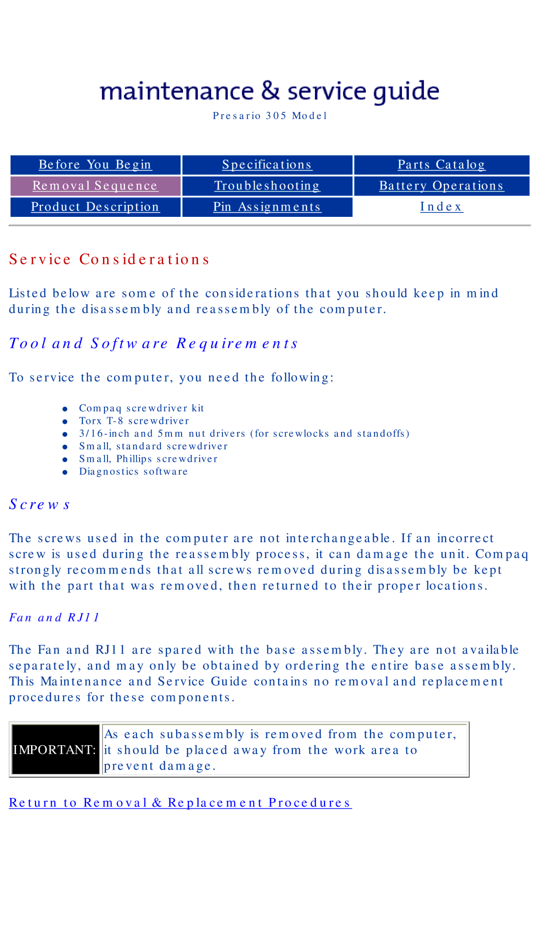 Compaq 305 specifications Tool and Software Requirements 