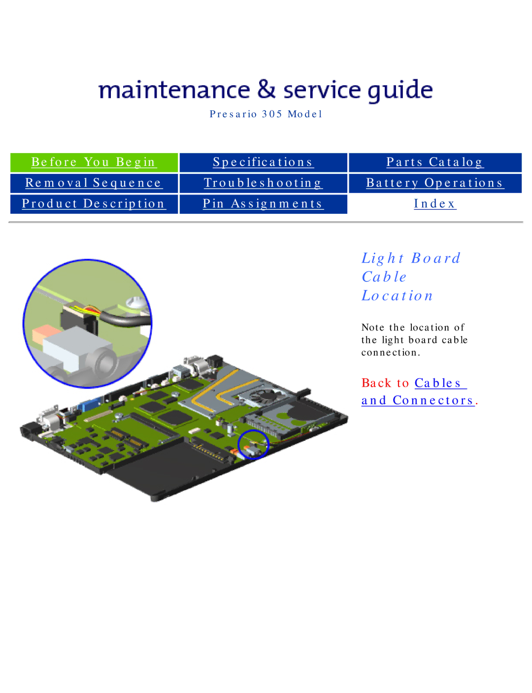 Compaq 305 specifications Light Board Cable Location 