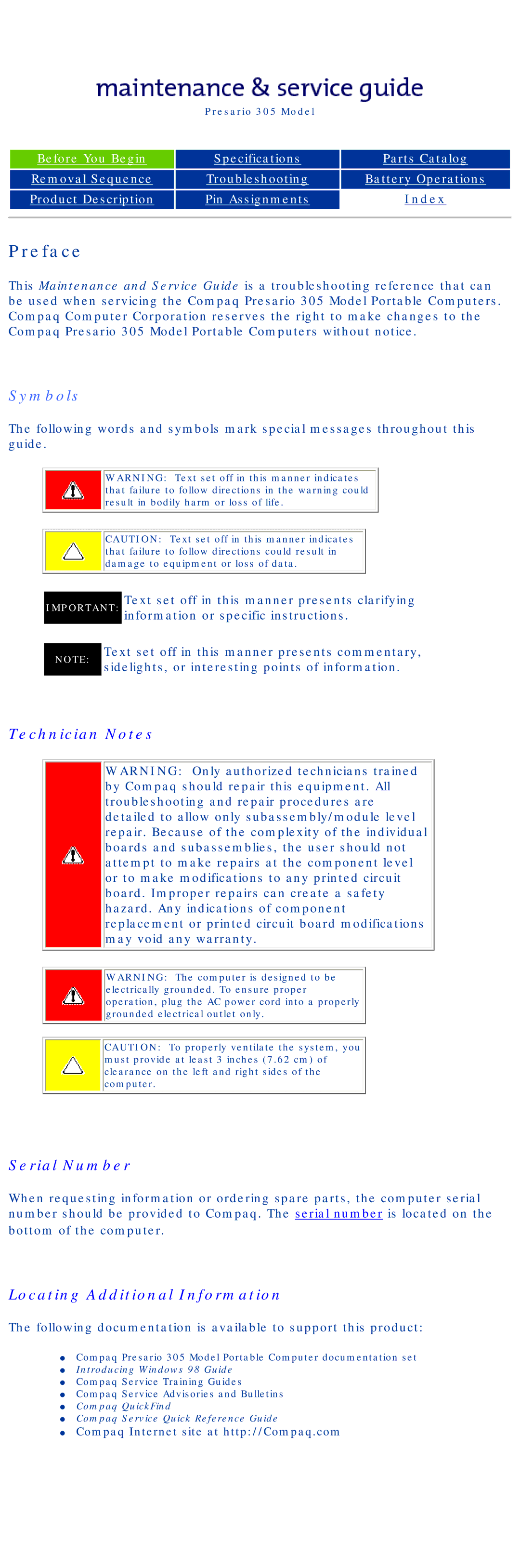 Compaq 305 specifications Preface, Symbols 