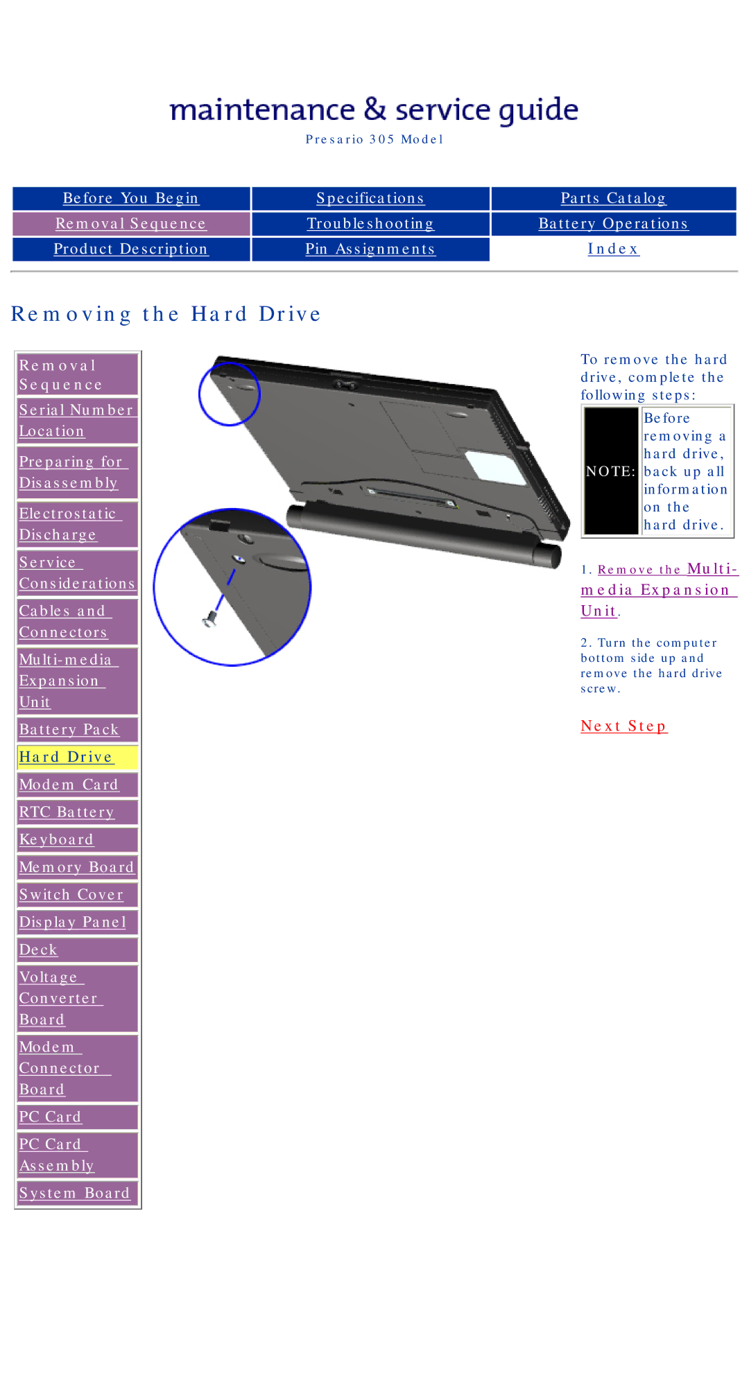 Compaq 305 specifications Removing the Hard Drive 