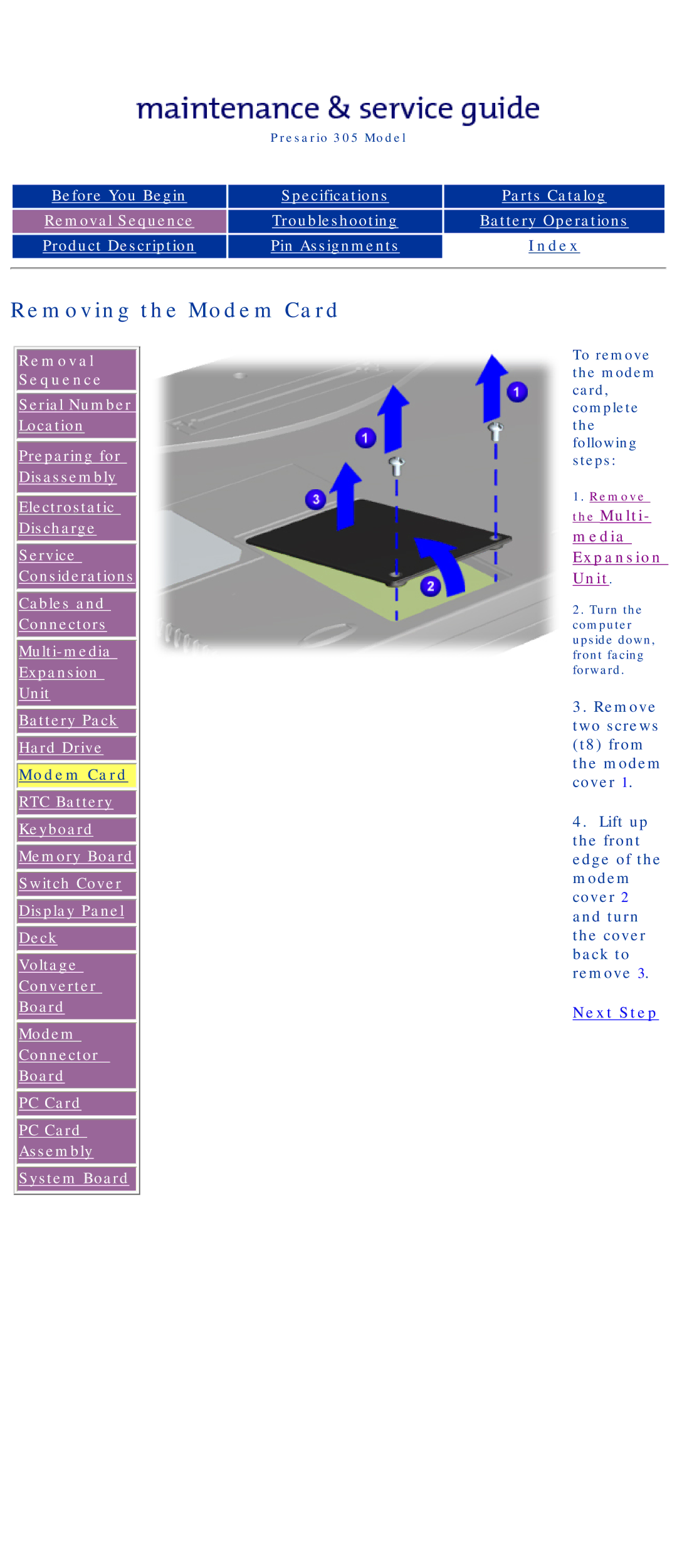 Compaq 305 specifications Removing the Modem Card 