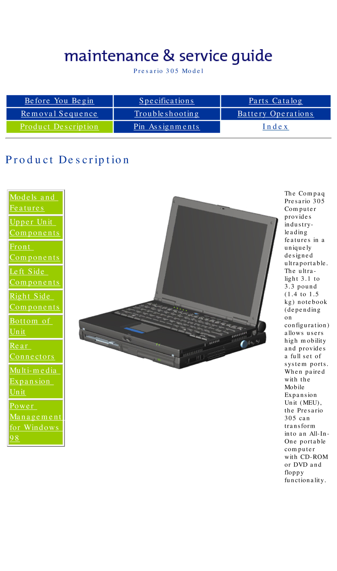 Compaq 305 specifications Product Description 