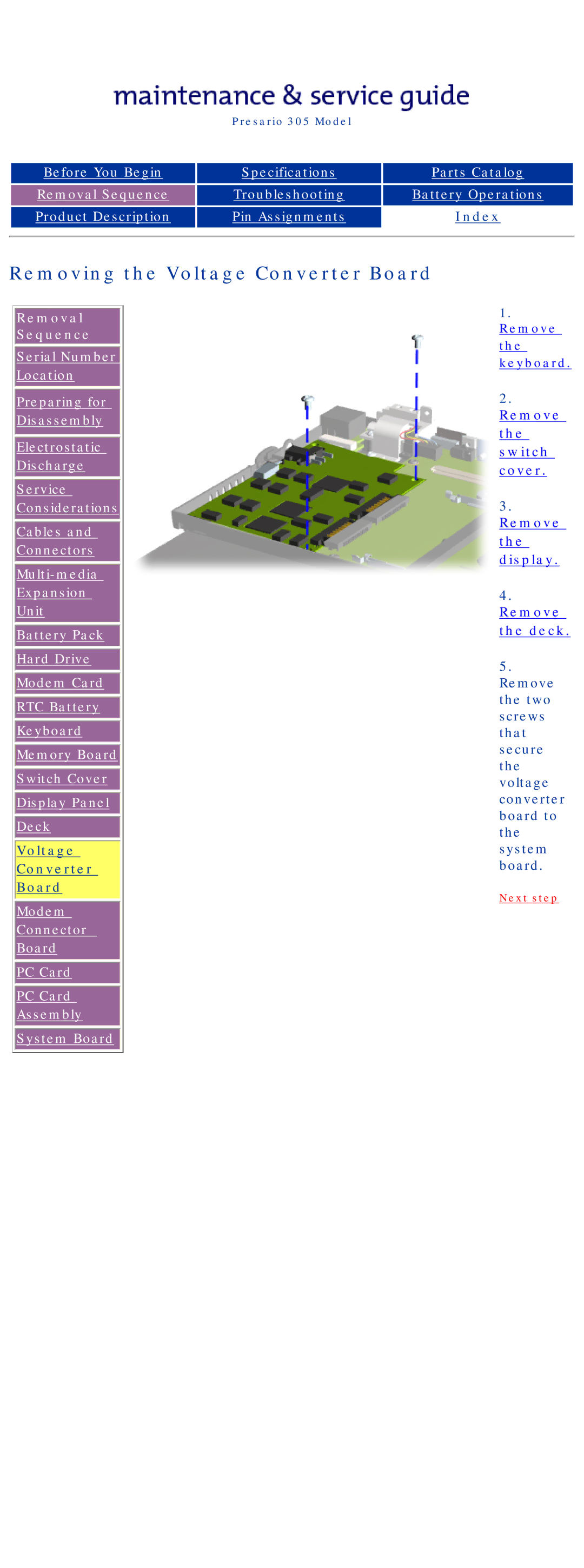 Compaq 305 specifications Removing the Voltage Converter Board 