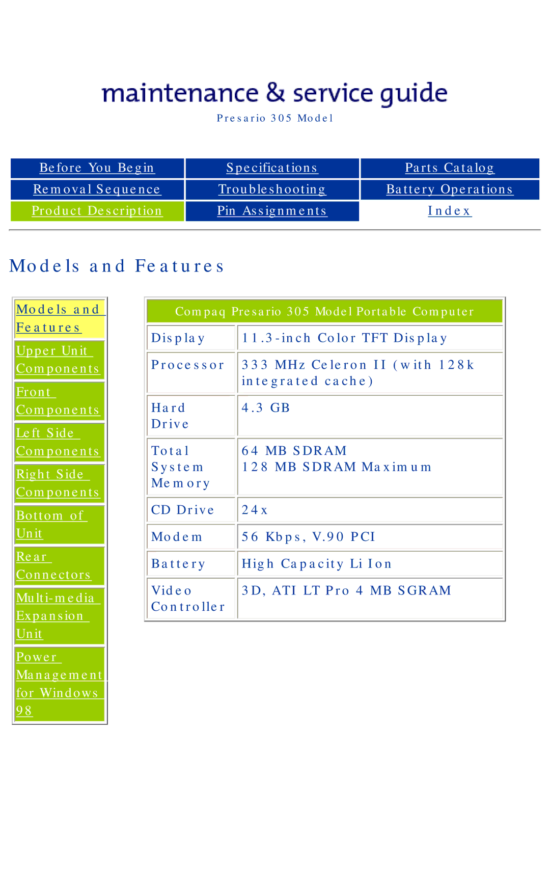 Compaq 305 specifications Models and Features 