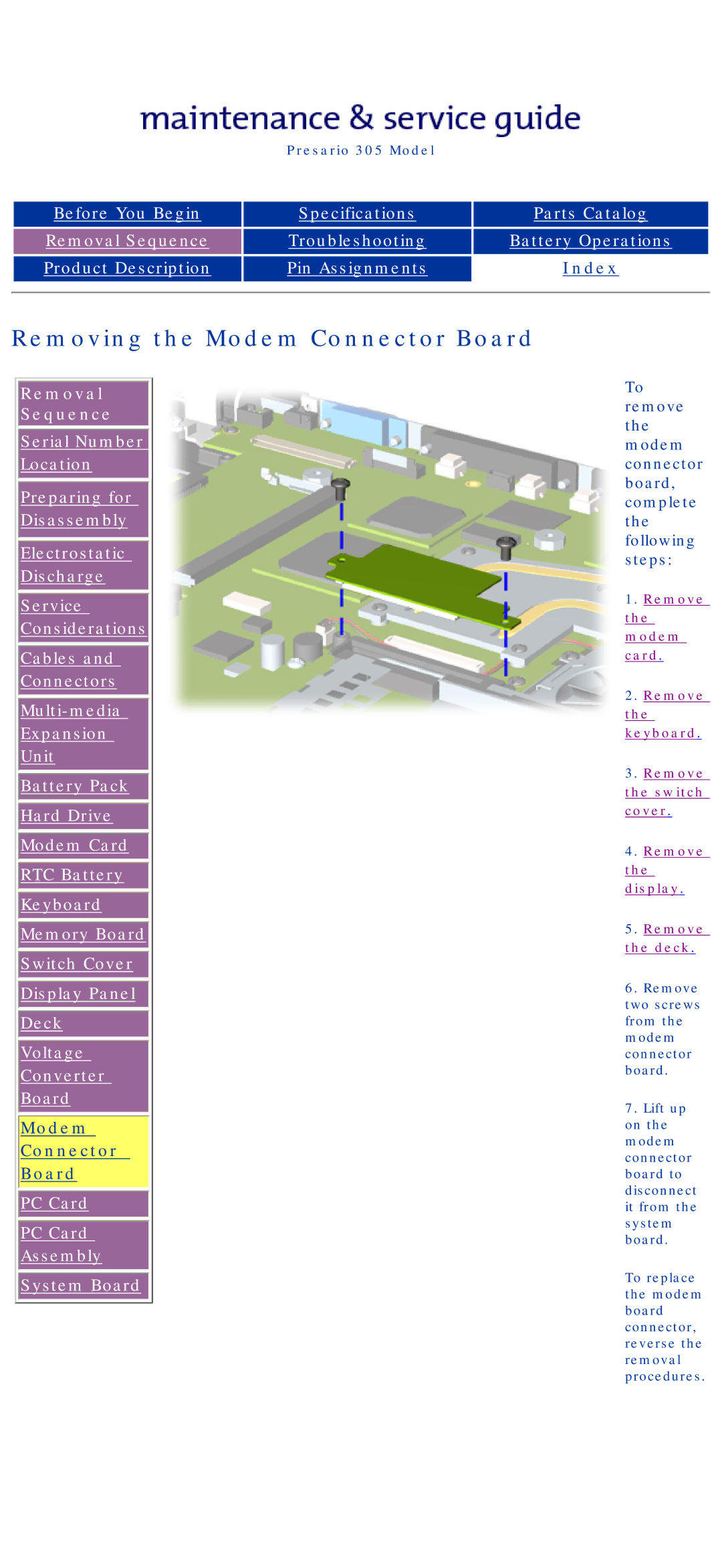 Compaq 305 specifications Removing the Modem Connector Board 