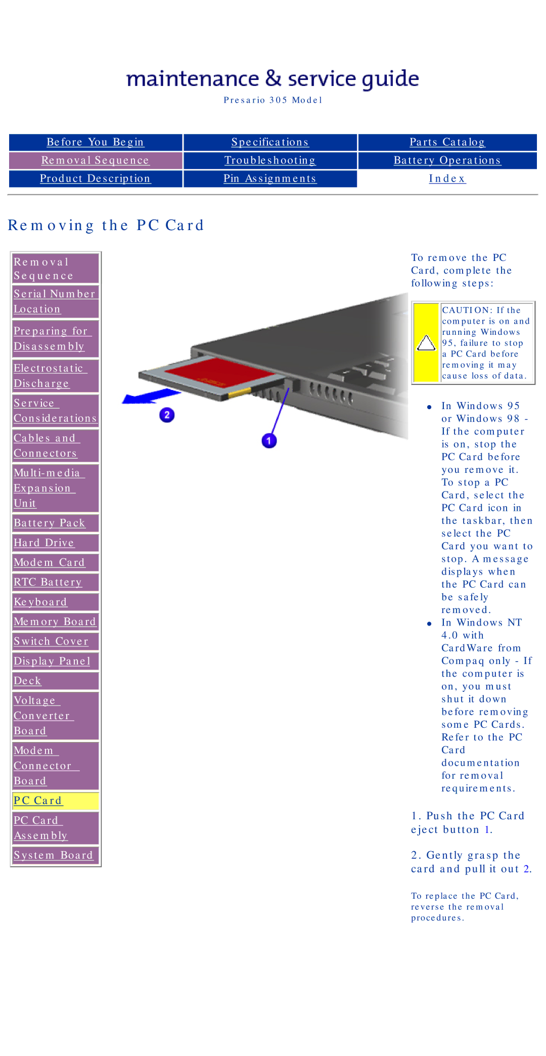 Compaq 305 specifications Removing the PC Card 