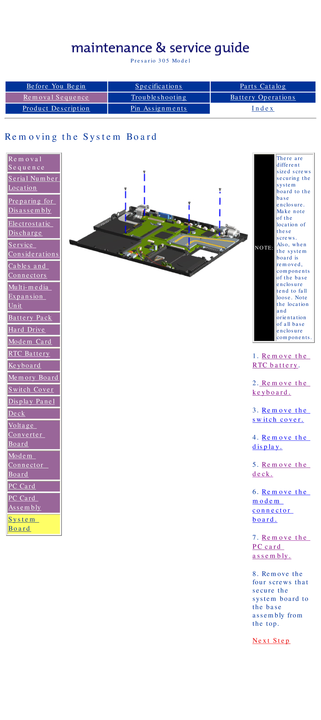 Compaq 305 specifications Removing the System Board 