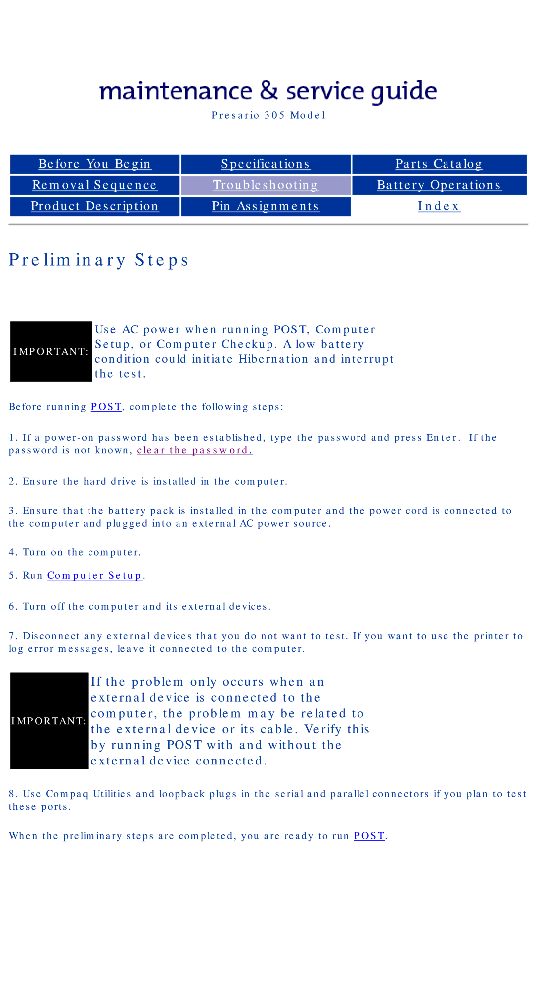 Compaq 305 specifications Preliminary Steps, Use AC power when running POST, Computer 