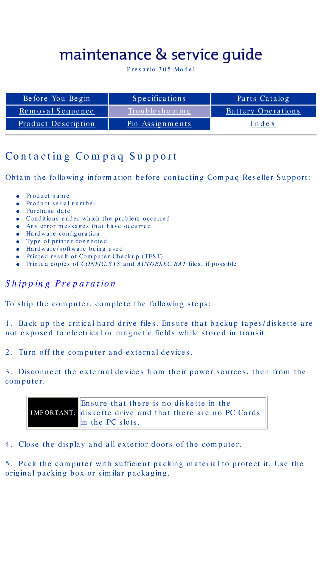 Compaq 305 specifications Contacting Compaq Support, Shipping Preparation 