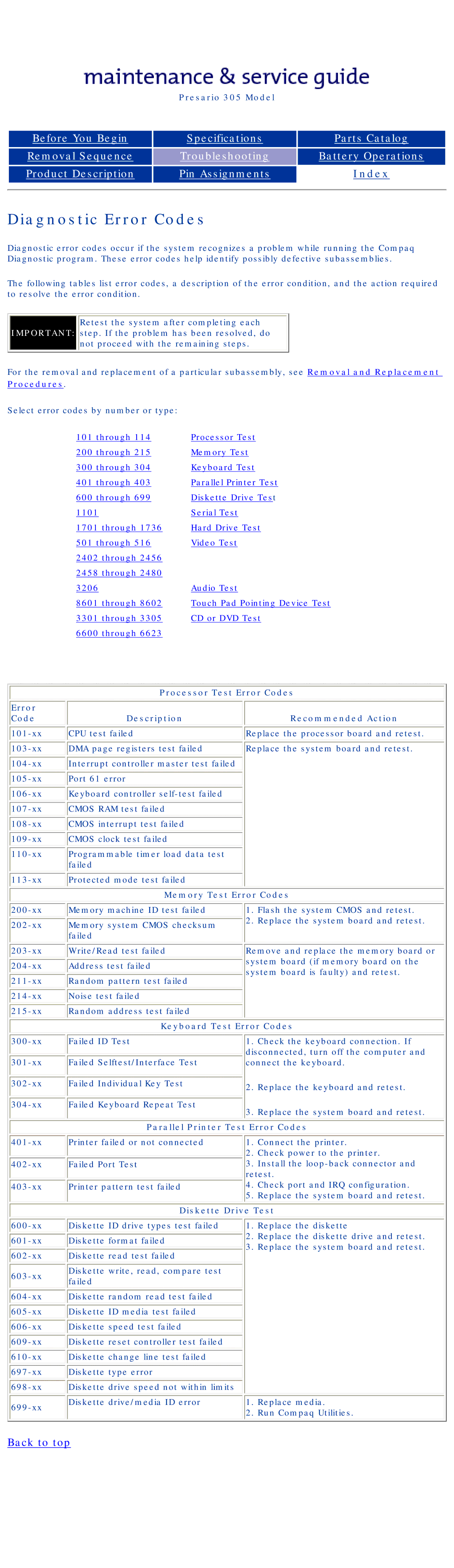 Compaq 305 specifications Diagnostic Error Codes, Procedures 