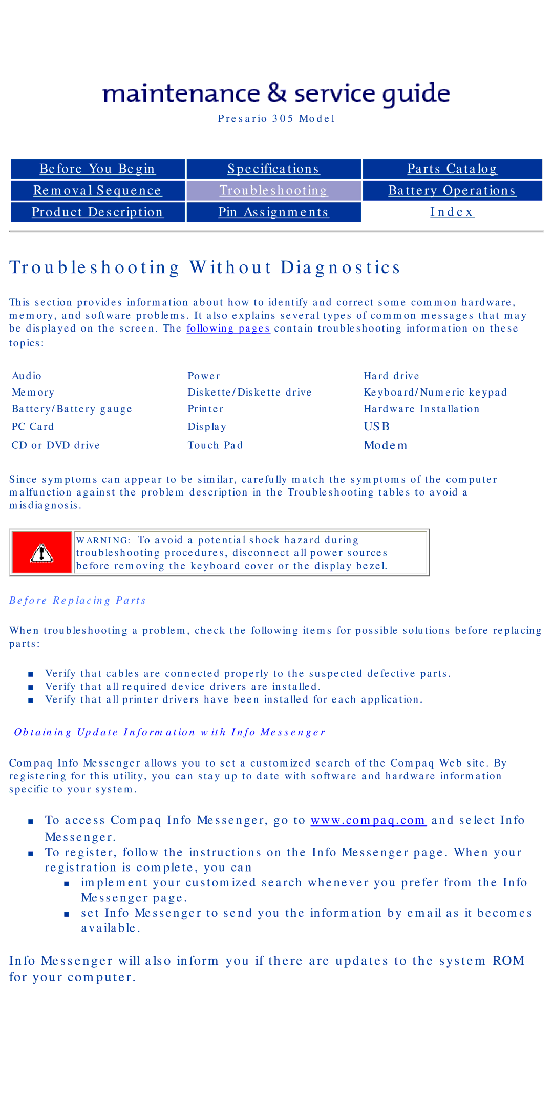 Compaq 305 specifications Troubleshooting Without Diagnostics, Usb 