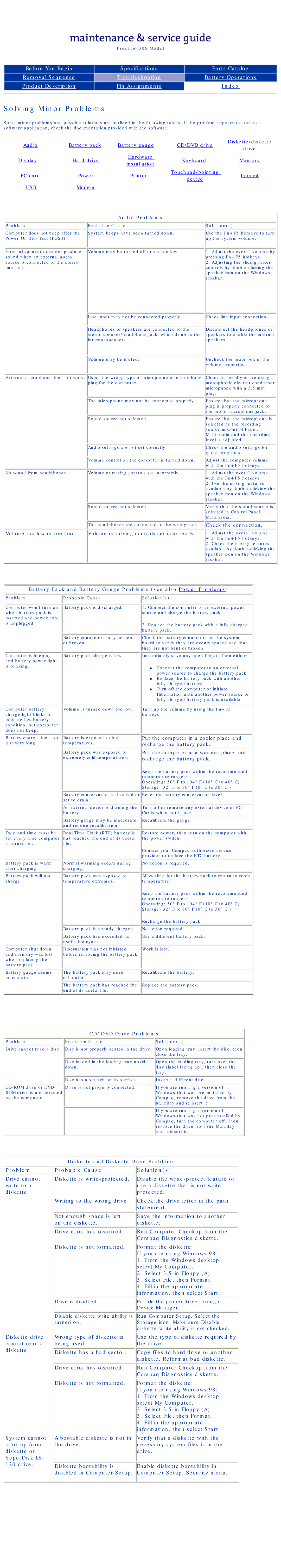 Compaq 305 specifications Solving Minor Problems, Probable Cause 