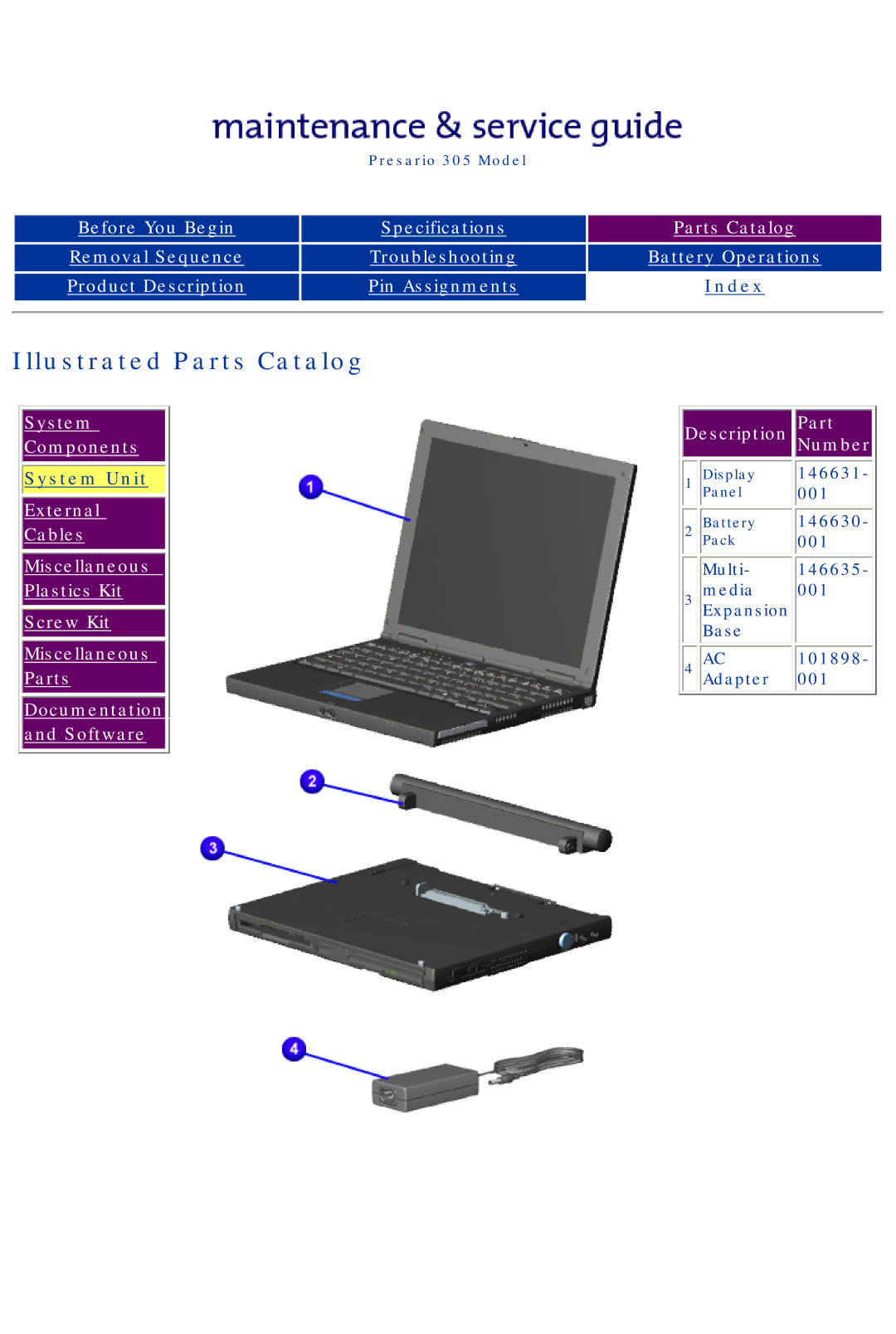 Compaq 305 specifications System Unit, Description Part Number 