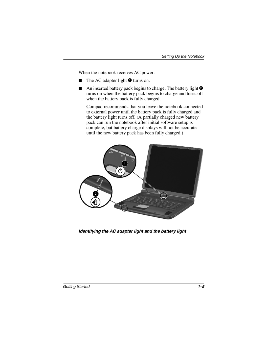 Compaq 307502-001 manual Identifying the AC adapter light and the battery light 