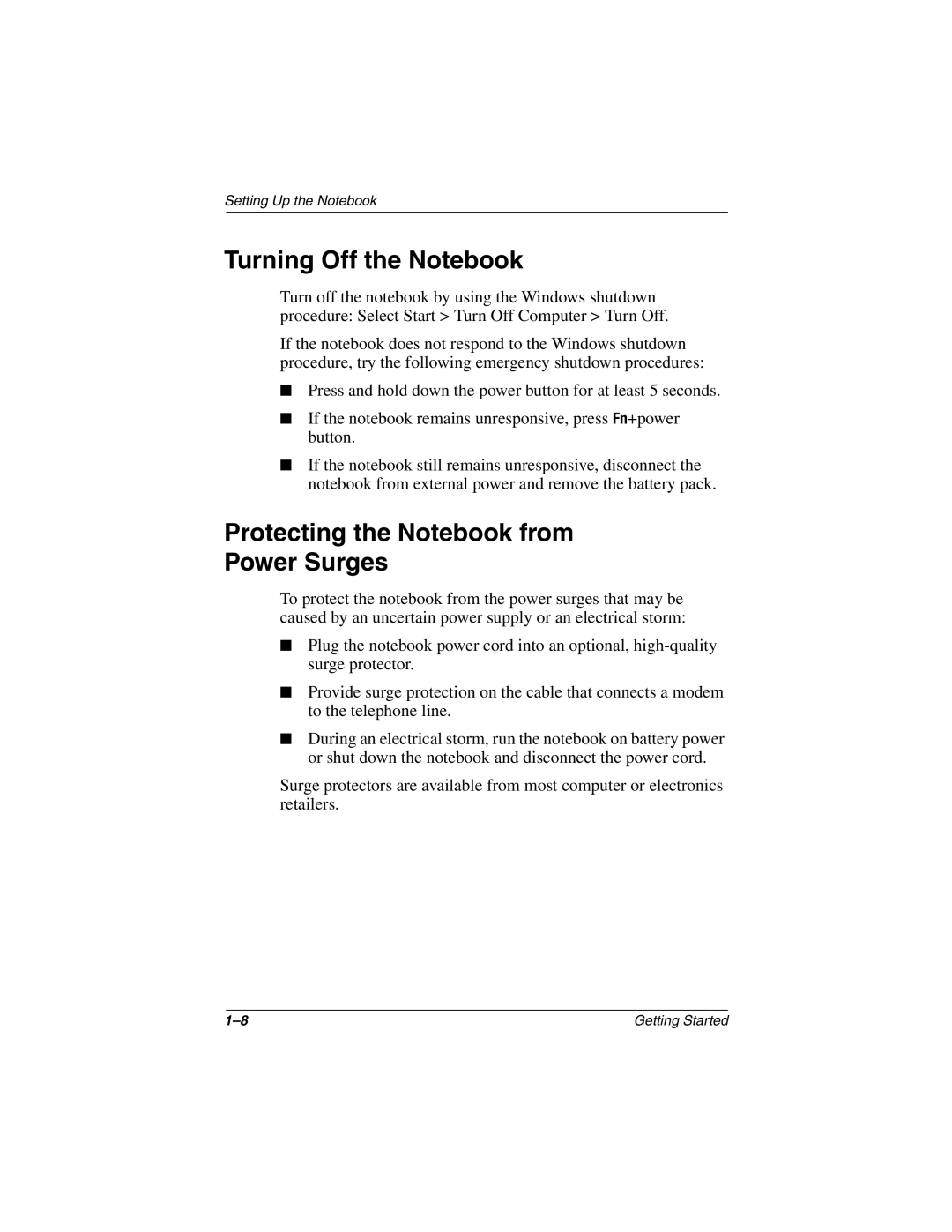 Compaq 307502-001 manual Turning Off the Notebook, Protecting the Notebook from Power Surges 