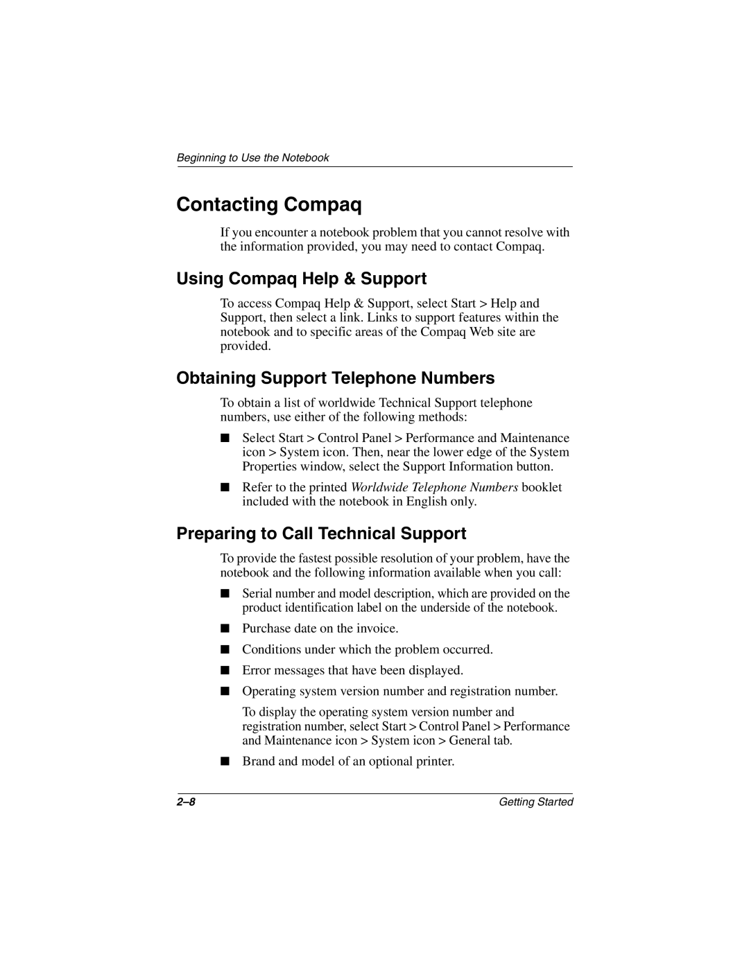 Compaq 307502-001 manual Contacting Compaq, Using Compaq Help & Support, Obtaining Support Telephone Numbers 