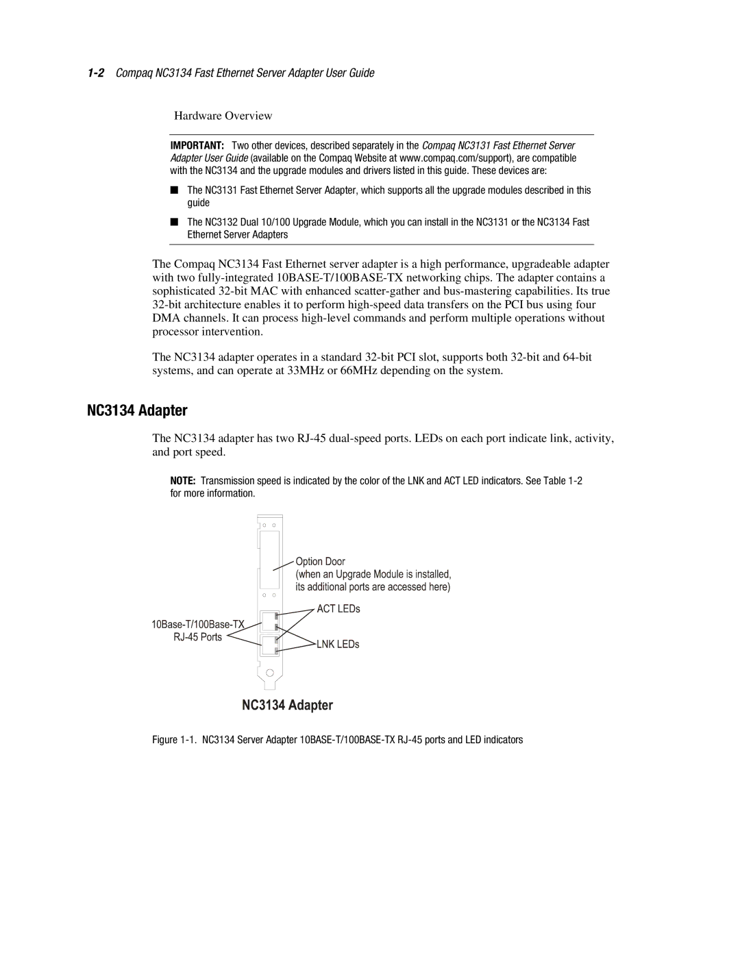 Compaq manual NC3134 Adapter, 2Compaq NC3134 Fast Ethernet Server Adapter User Guide 