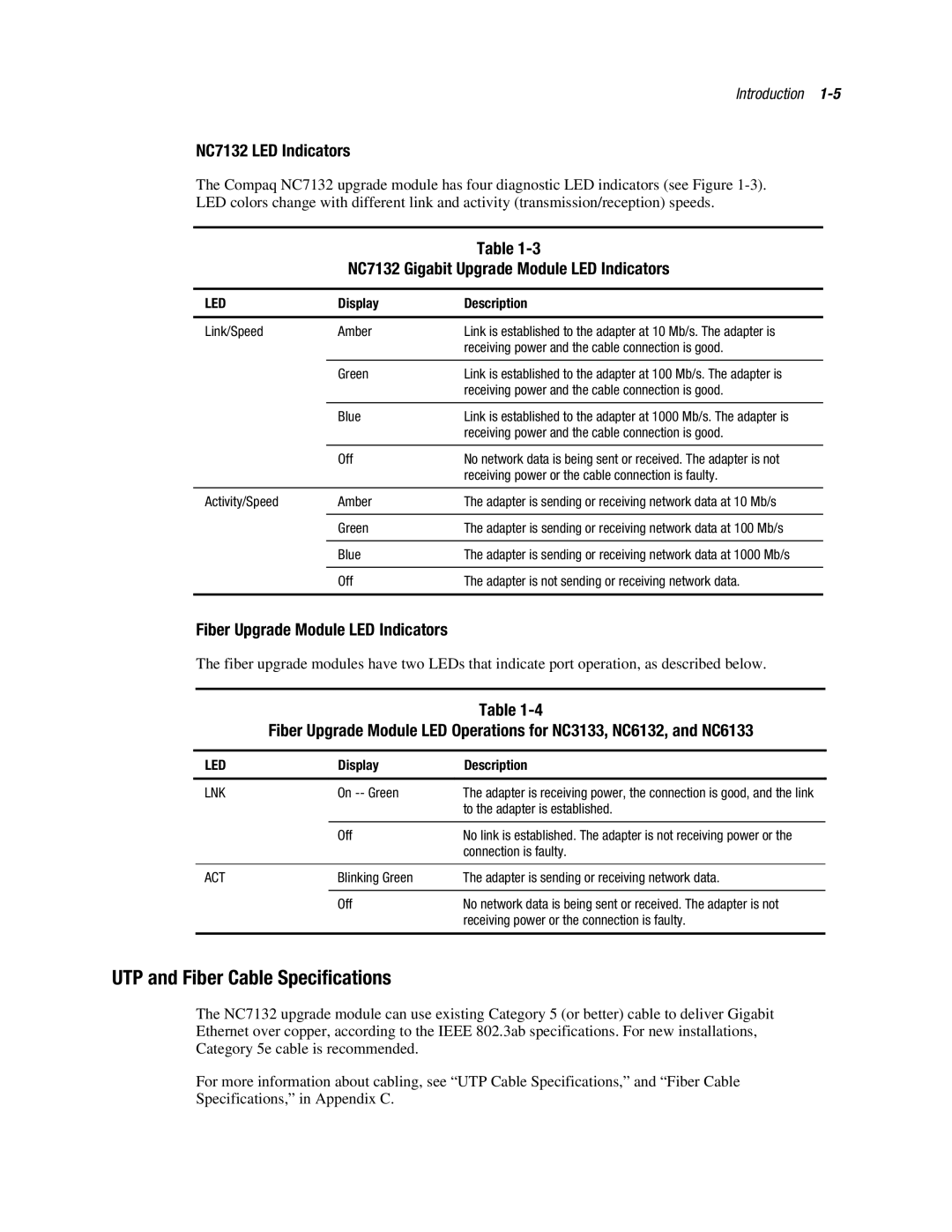 Compaq 3134 manual UTP and Fiber Cable Specifications, NC7132 LED Indicators, NC7132 Gigabit Upgrade Module LED Indicators 